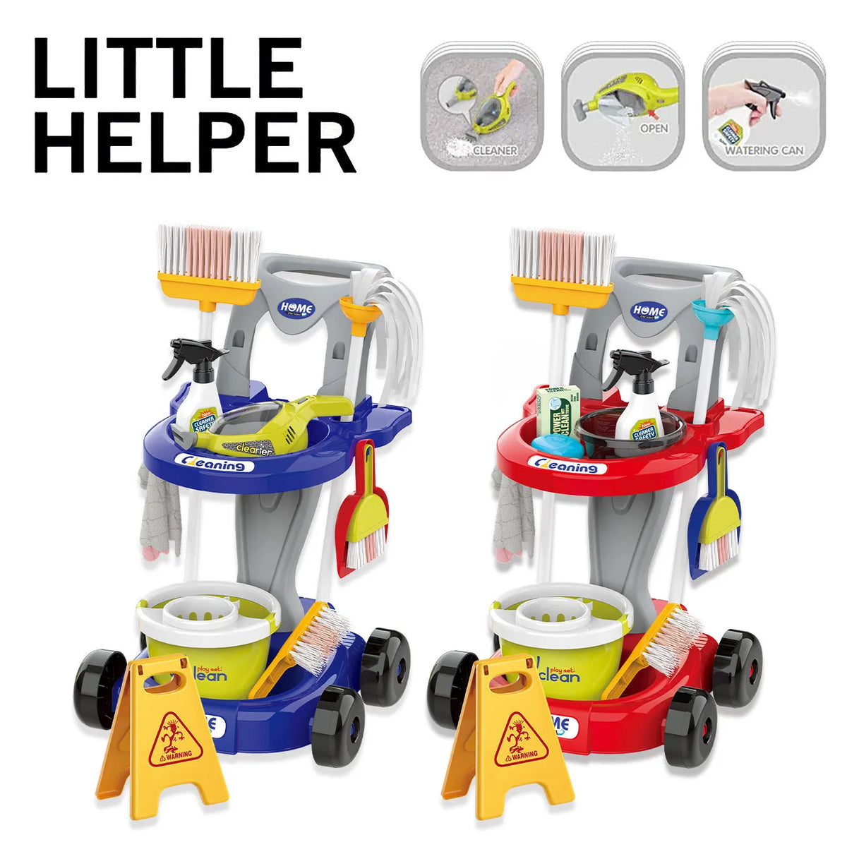 Children's play house cleaning toy set with ABS cleaning tools, stroller suit, and vacuum cleaner options in an English colour box