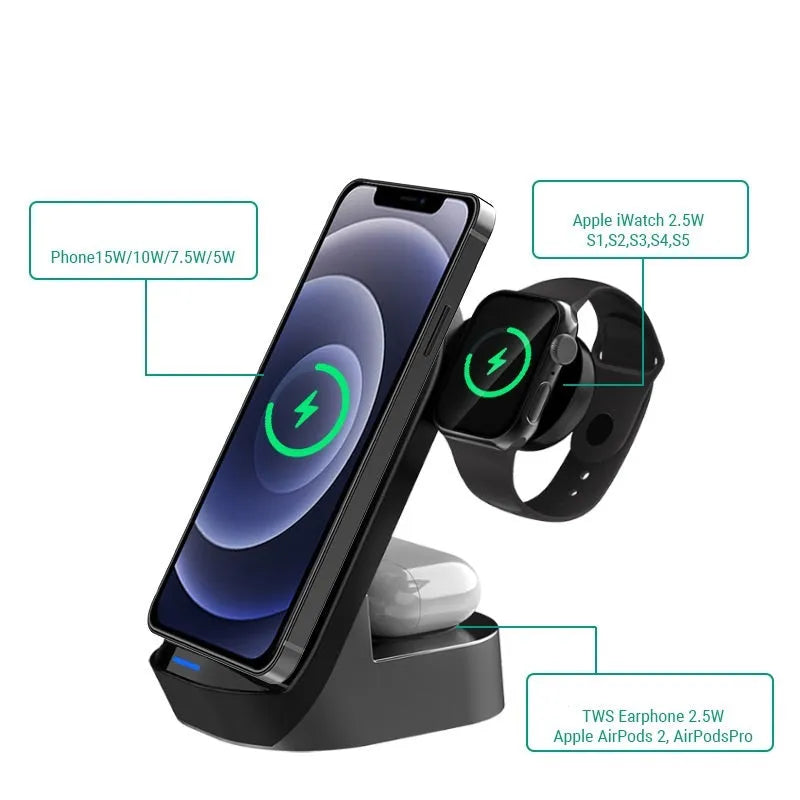Black grey foldable 3-in-1 wireless charging stand showing phone upright, watch on dock, and headphones case charging.