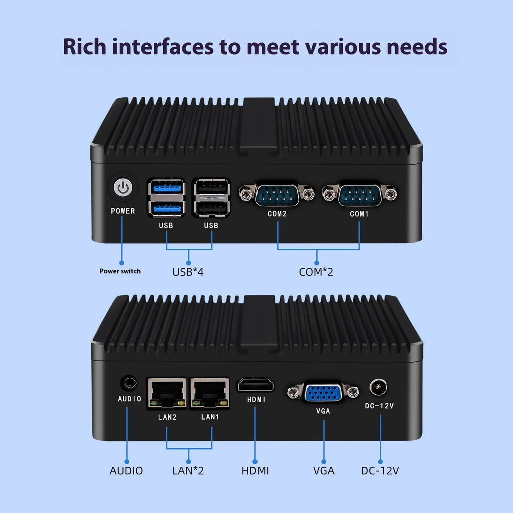 Industrial fanless mini PC in aluminium chassis with quad-core processor and dual network ports