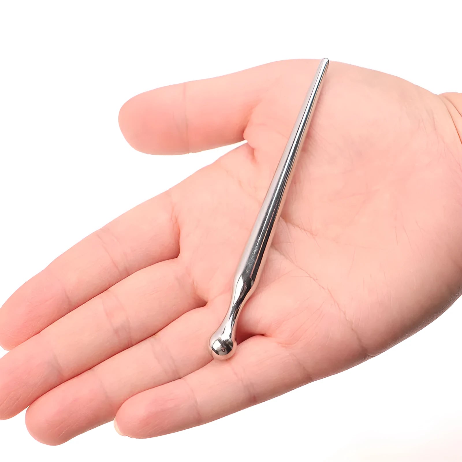 Silver metal urethral stimulation plug with round beads and a horse eye stick handle base.