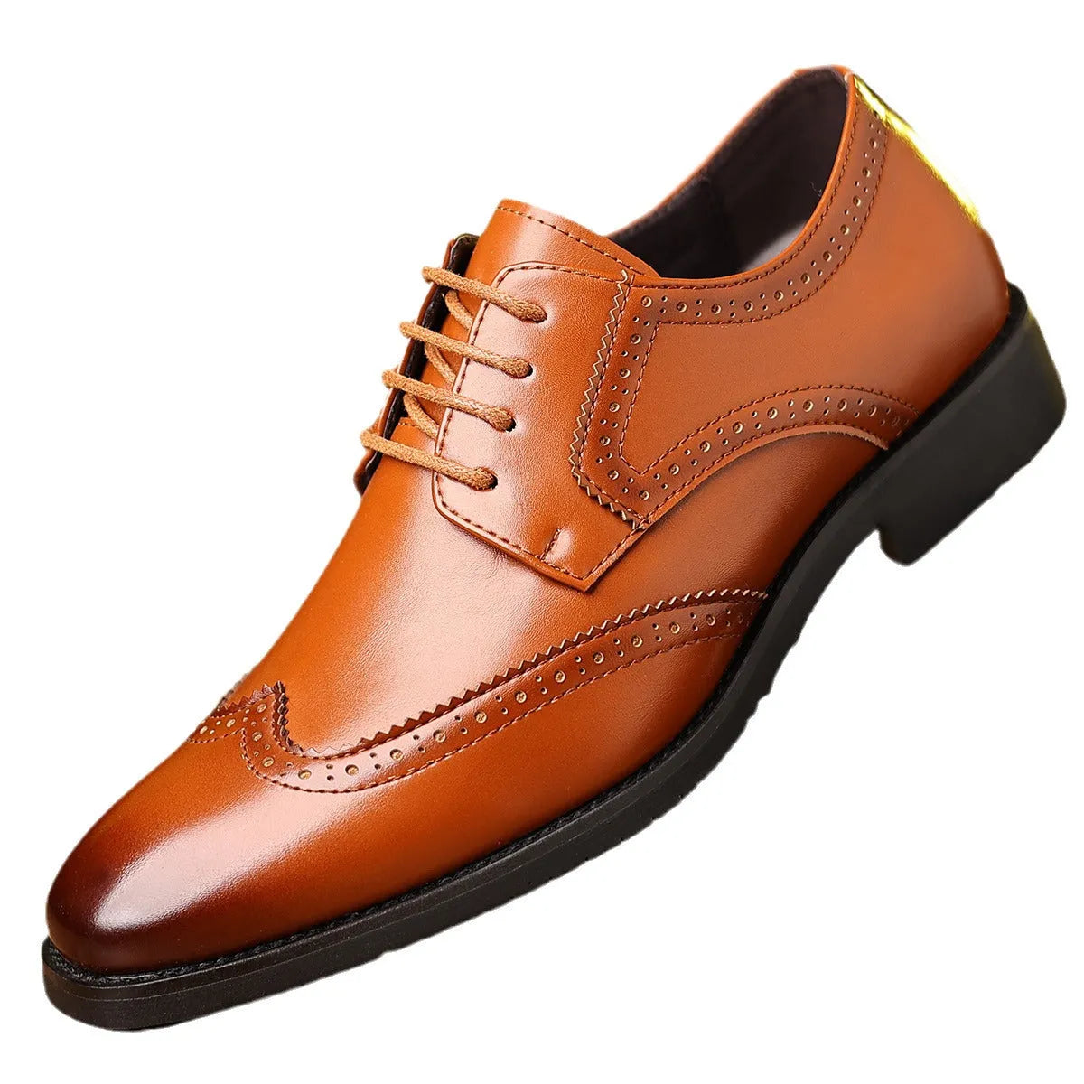 Men's soft-soled casual business formal leather shoes, carved artificial PU upper, black colour, rubber outsole