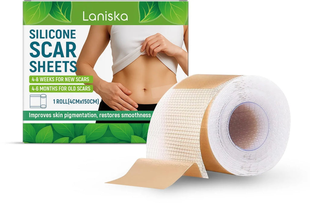 Roll of clear silicone scar sheet measuring 4cm wide, with details showing tea tree oil and aloe extract formula.