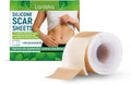 Roll of clear silicone scar sheet measuring 4cm wide, with details showing tea tree oil and aloe extract formula.
