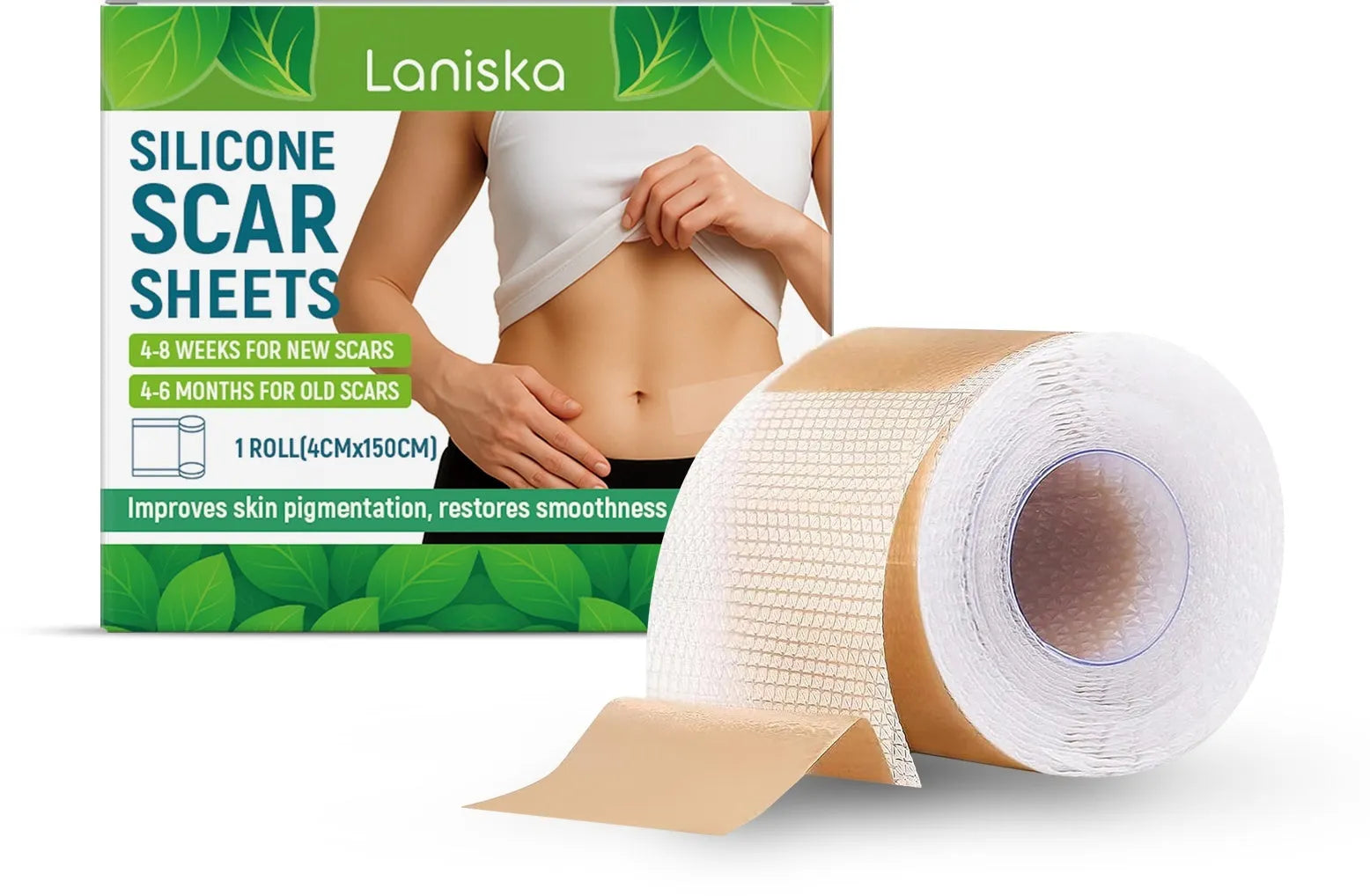 Roll of clear silicone scar sheet measuring 4cm wide, with details showing tea tree oil and aloe extract formula.