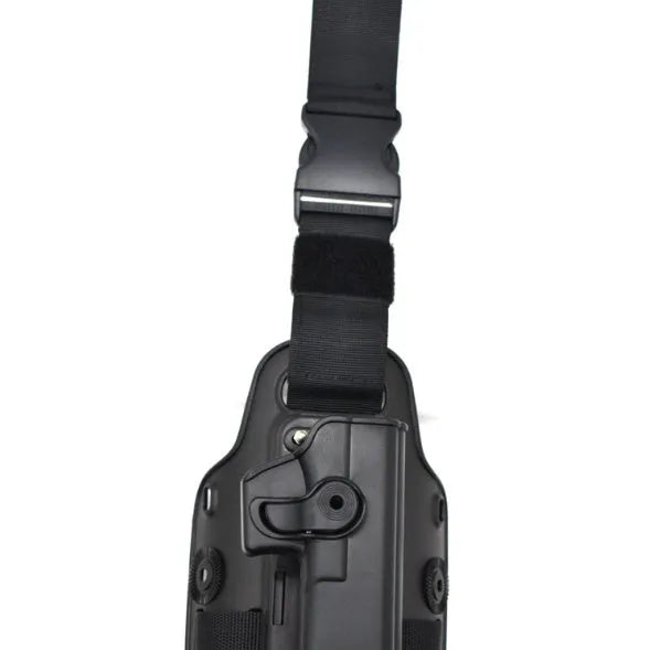 Green tactical plastic leg holster with quick-pull design shown on a model, suitable for outdoor sports.
