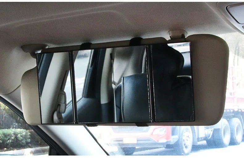 Silver car folding makeup mirror showing folded and opened positions with ABS frame and glass mirror