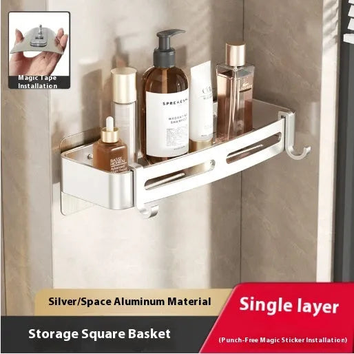 Gun grey triangle bathroom storage rack mounted in corner with towels and toiletries