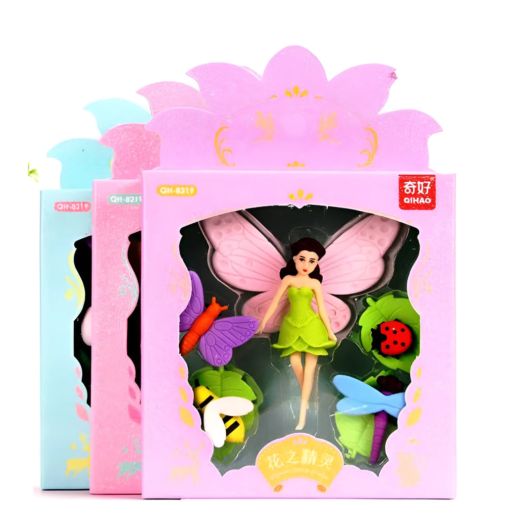 Flower Fairy Eraser Suit showing twelve TPR erasers with fairy and mermaid designs in a 14x13 cm box