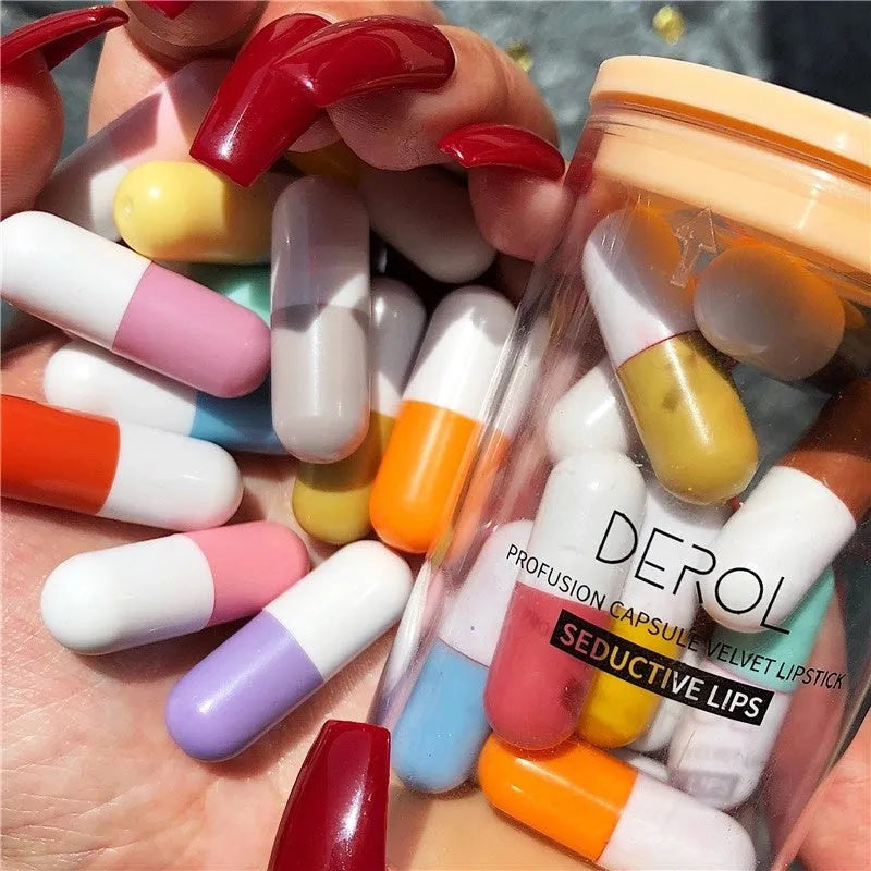 16-piece mini capsule velvet lipstick set in canned pill container with assorted colours