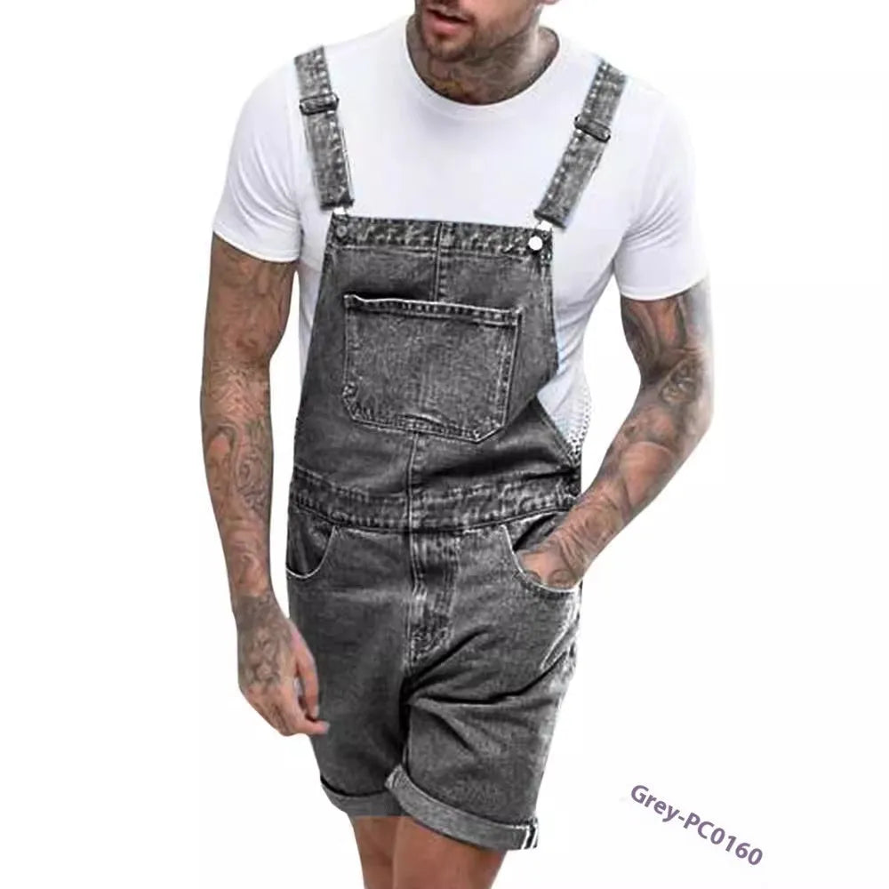 Male model wearing black mid-stretch denim suspender pants with straight leg cut and zip fly