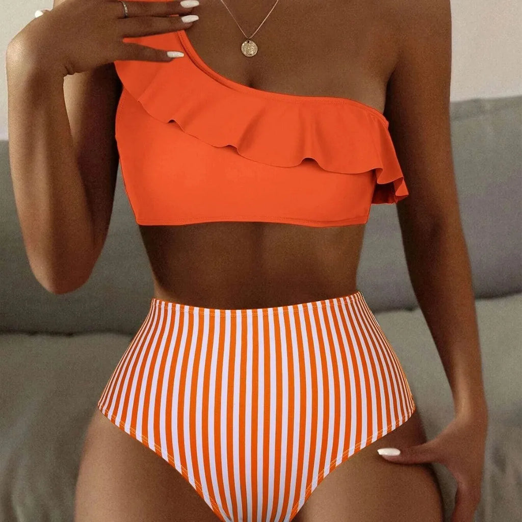 Women's striped solid colour split bikini swimsuit in multiple colours like army green and lavender purple.