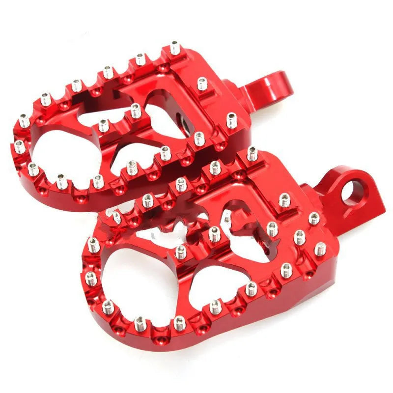 Modified screw anti-skid foot pegs anodised aluminium alloy MX style wide platform 120x57.5mm red black silver