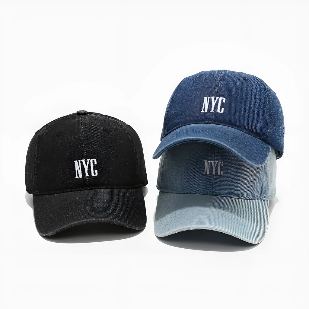 Retro denim peaked cap with embroidered letters in adjustable fit