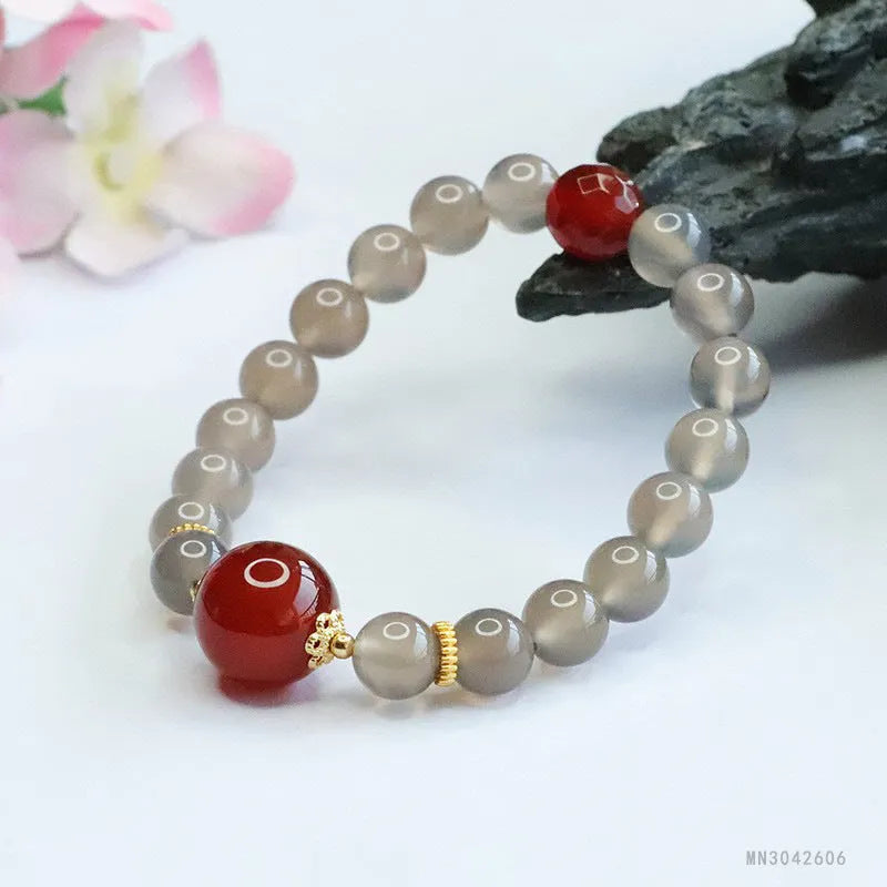 Smoky purple chalcedony and red agate bracelet with 8mm geometry beads.