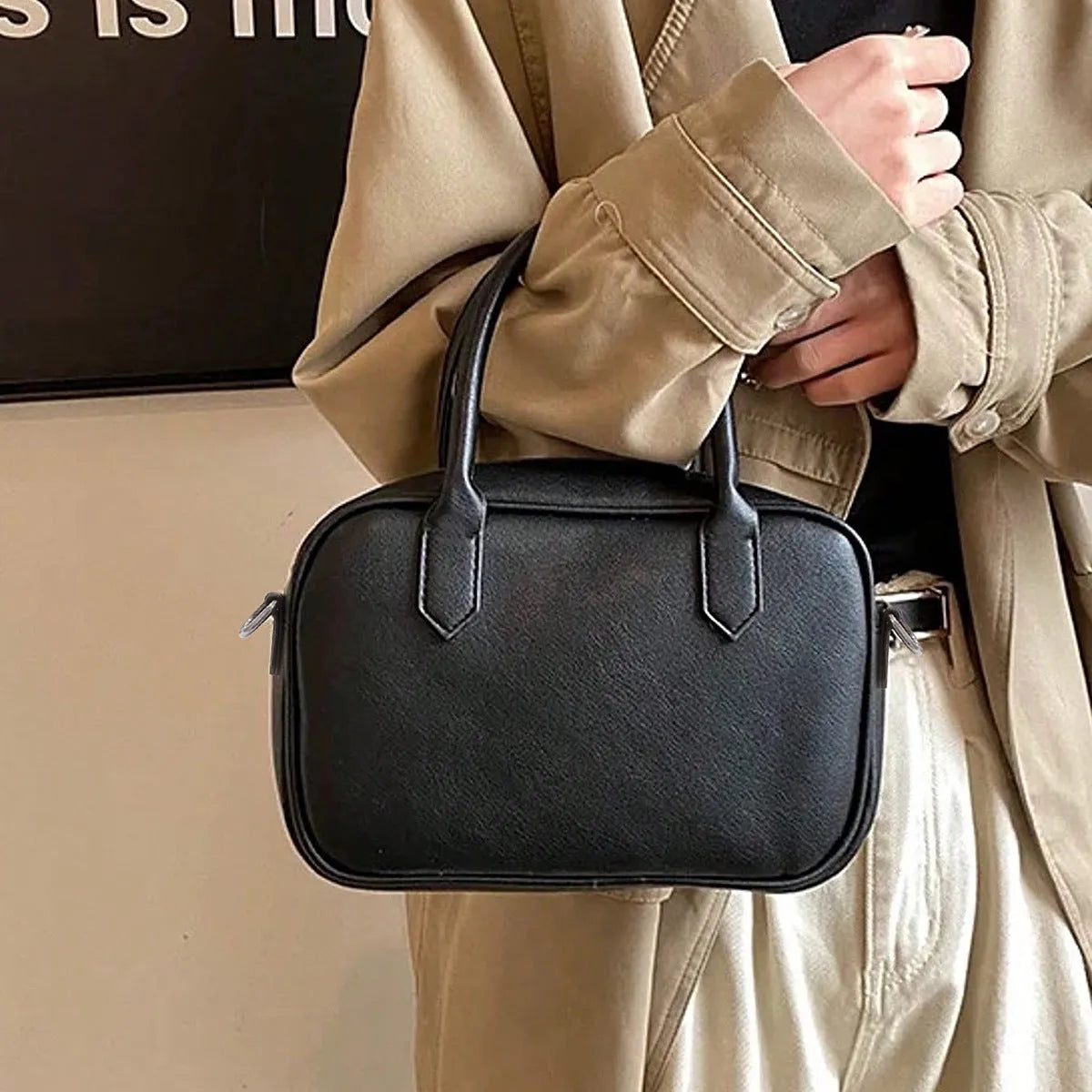 Retro style small square shoulder messenger bag in black PU leather with adjustable strap