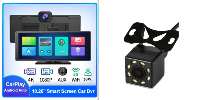 10.26-inch touch screen car dash cam unit with rear camera on a car windscreen.