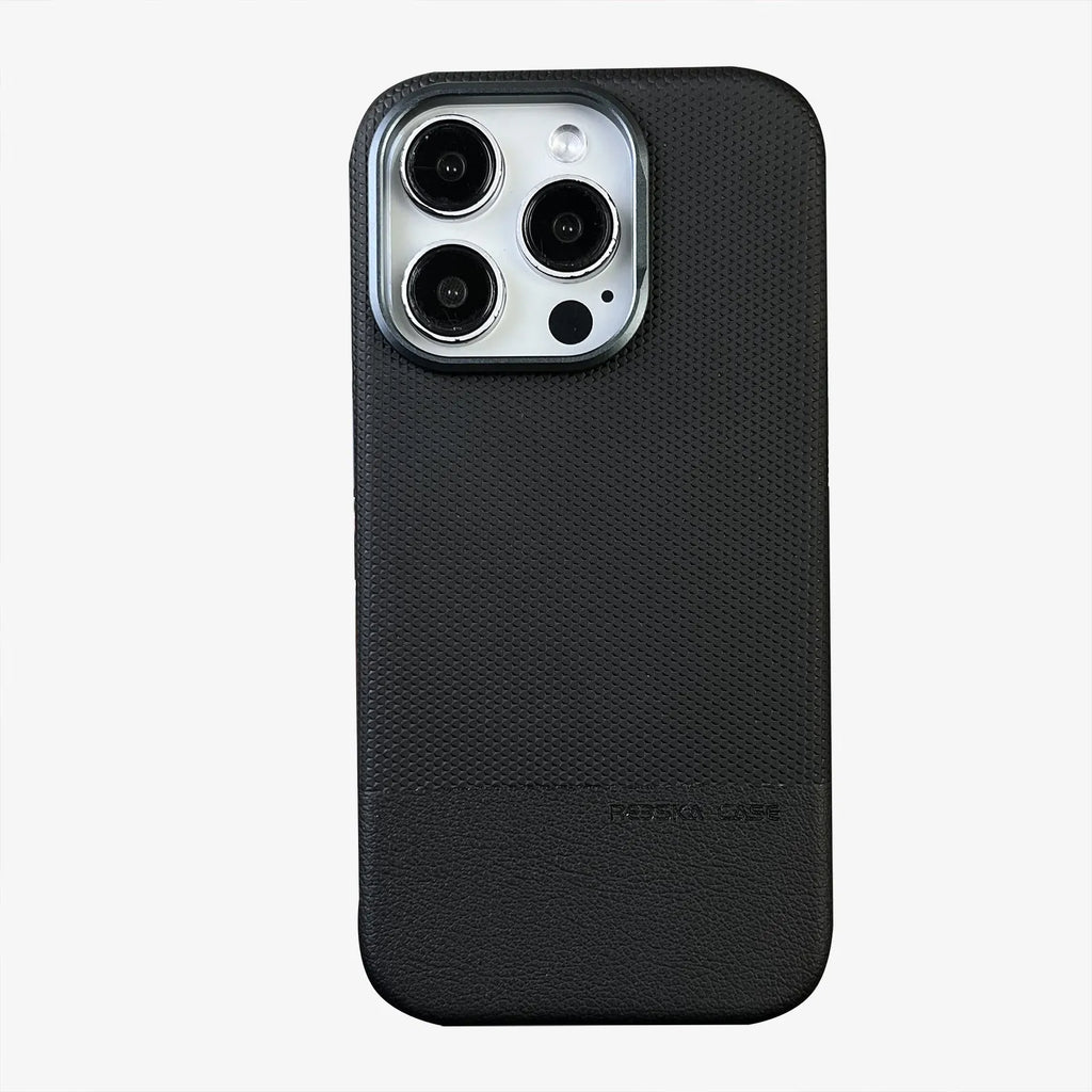 Black iPhone case with dragon scale texture and stitching design, showing magnetic ring on back.