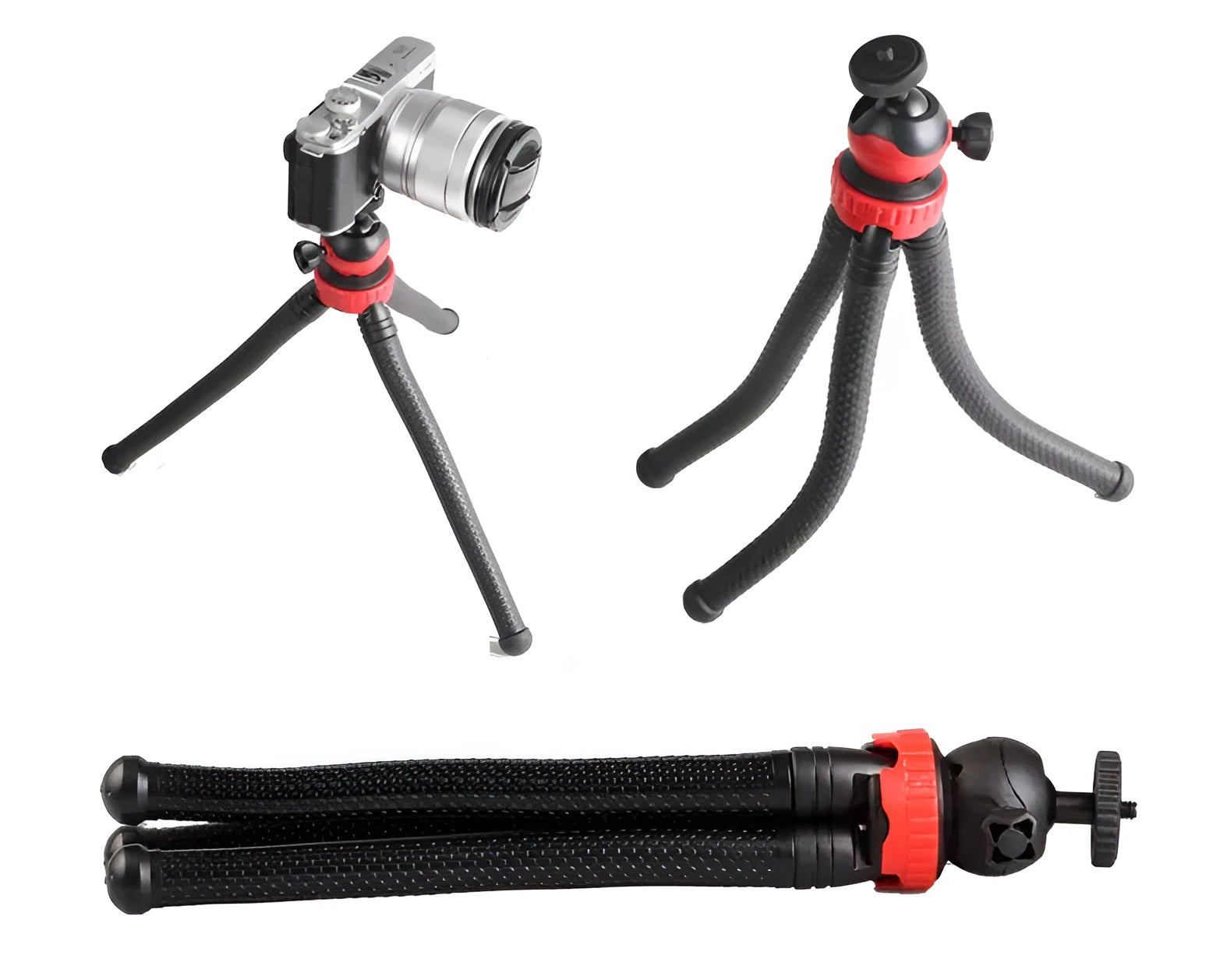 Black octopus tripod with flexible rubber legs wrapped around a pole holding a camera
