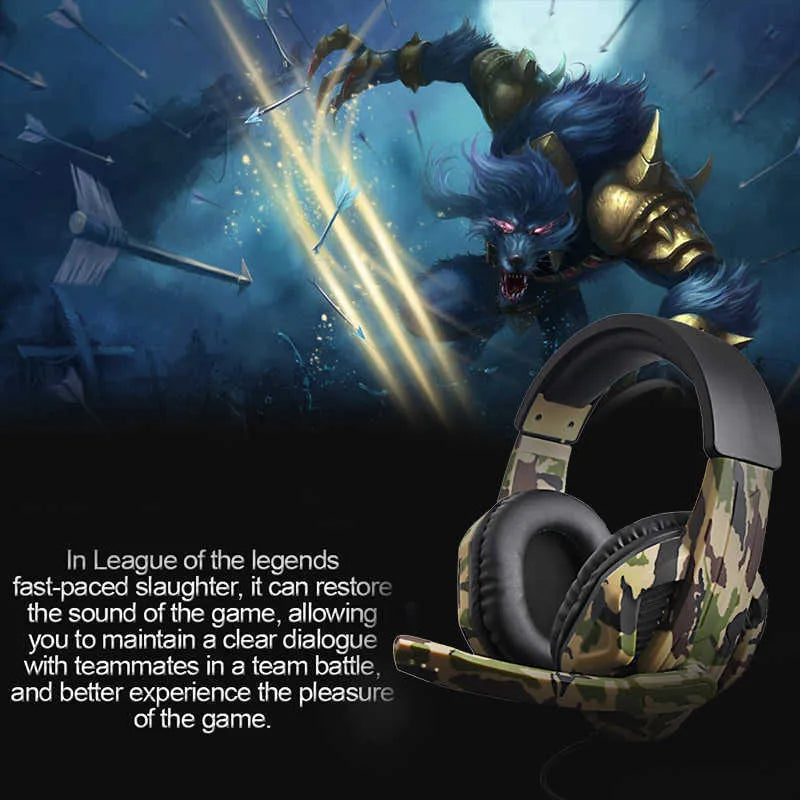 Camouflage wired gaming headset with 50mm subwoofer and microphone on a dark background