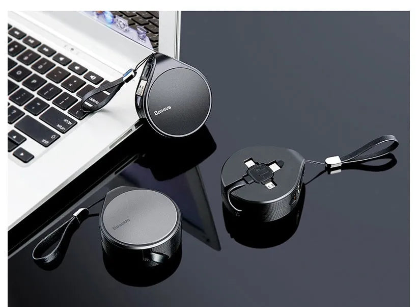 Black telescopic three-in-one fast charging data cable extended to 1 metre, showing Micro-USB, Lightning, and Type-C connectors.