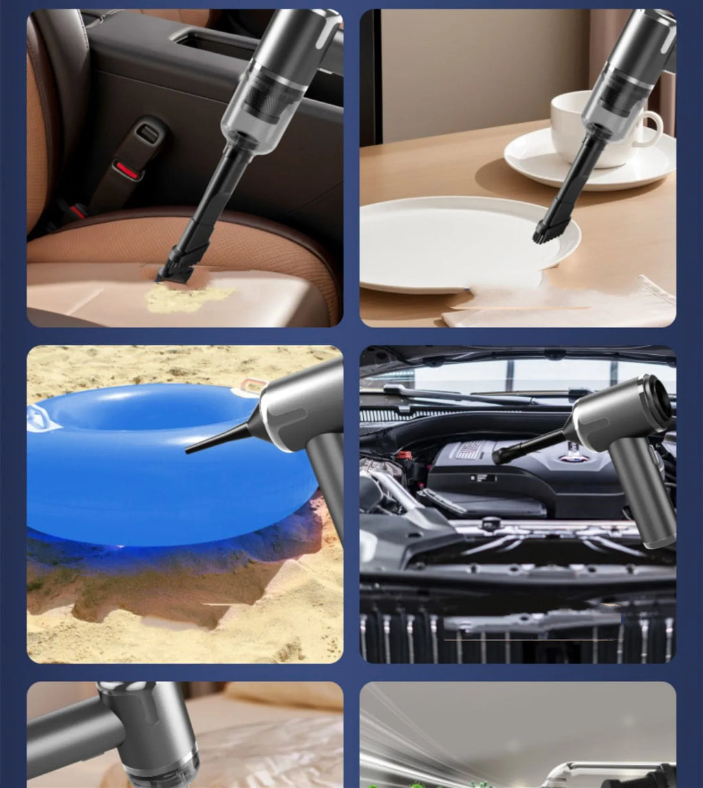 Wireless charging handheld vacuum cleaner with brush attachments on car seat