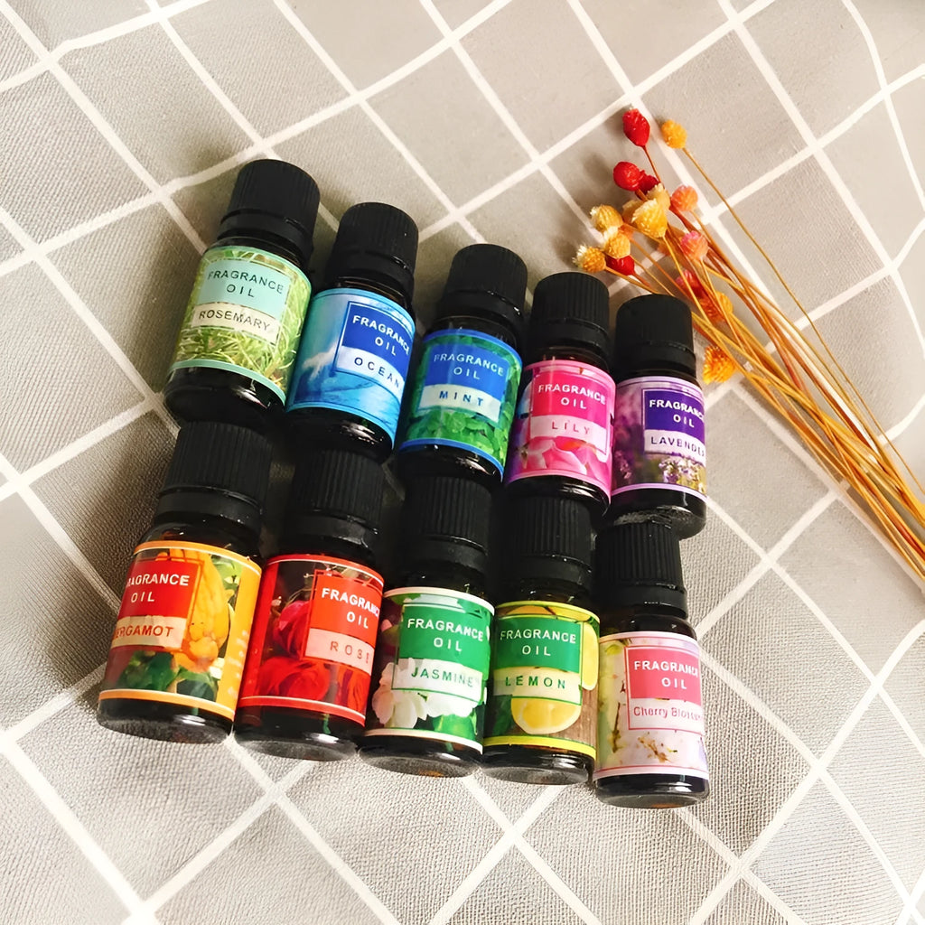 Set of 12 plant aromatherapy essential oil bottles with fragrances including Lavender, Lemon, and Mint for fresh air