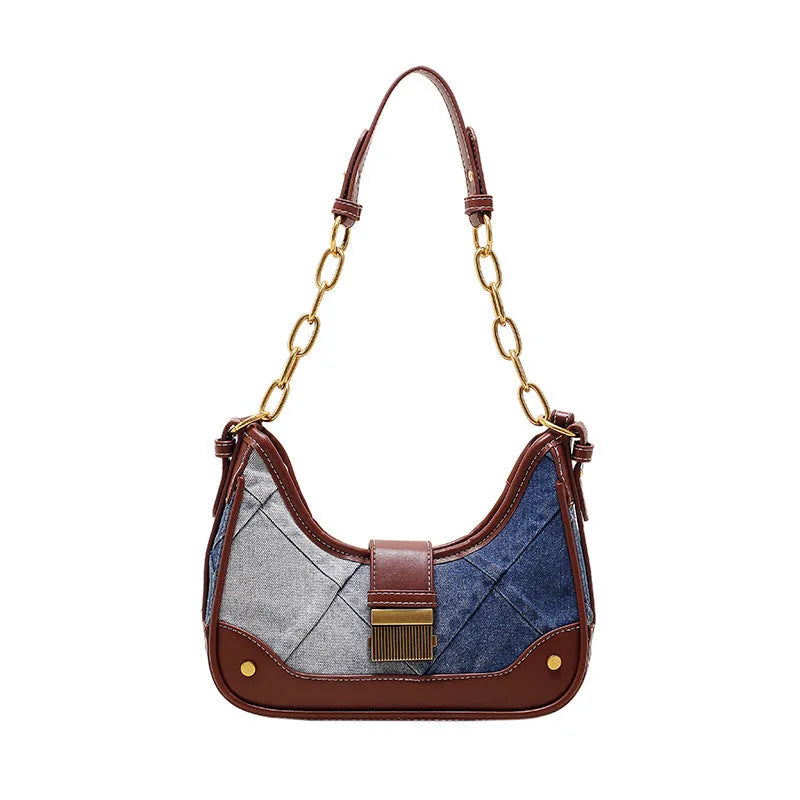 Brown denim women's shoulder bag with diamond mesh chain detail and bucket design