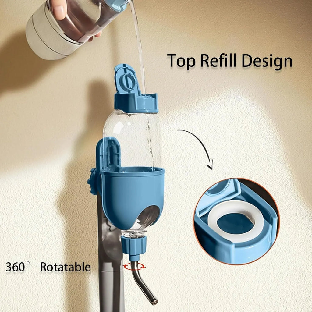 Blue small animal water bottle with rotatable nozzle and stainless steel ball valve for cage mounting.