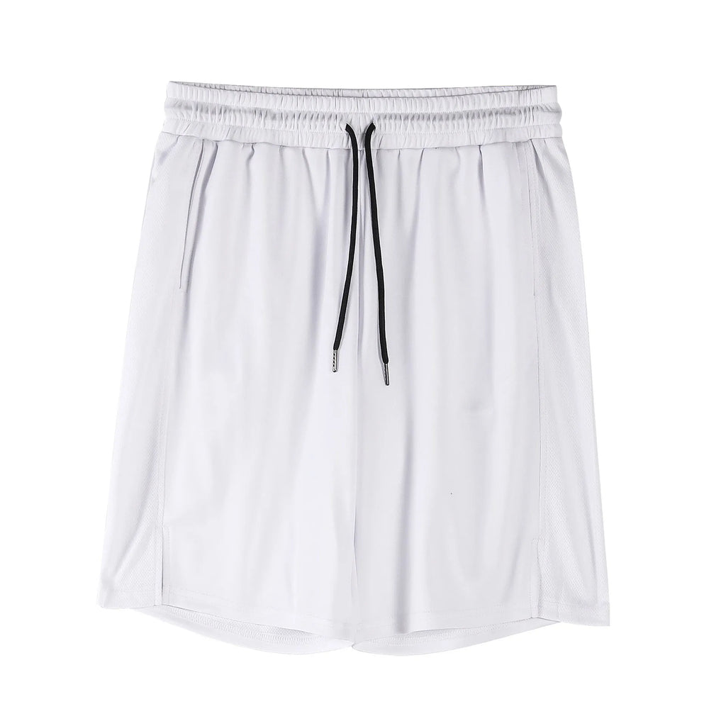 Men's black quick-dry mesh sports shorts with an elastic waistband on a white background.