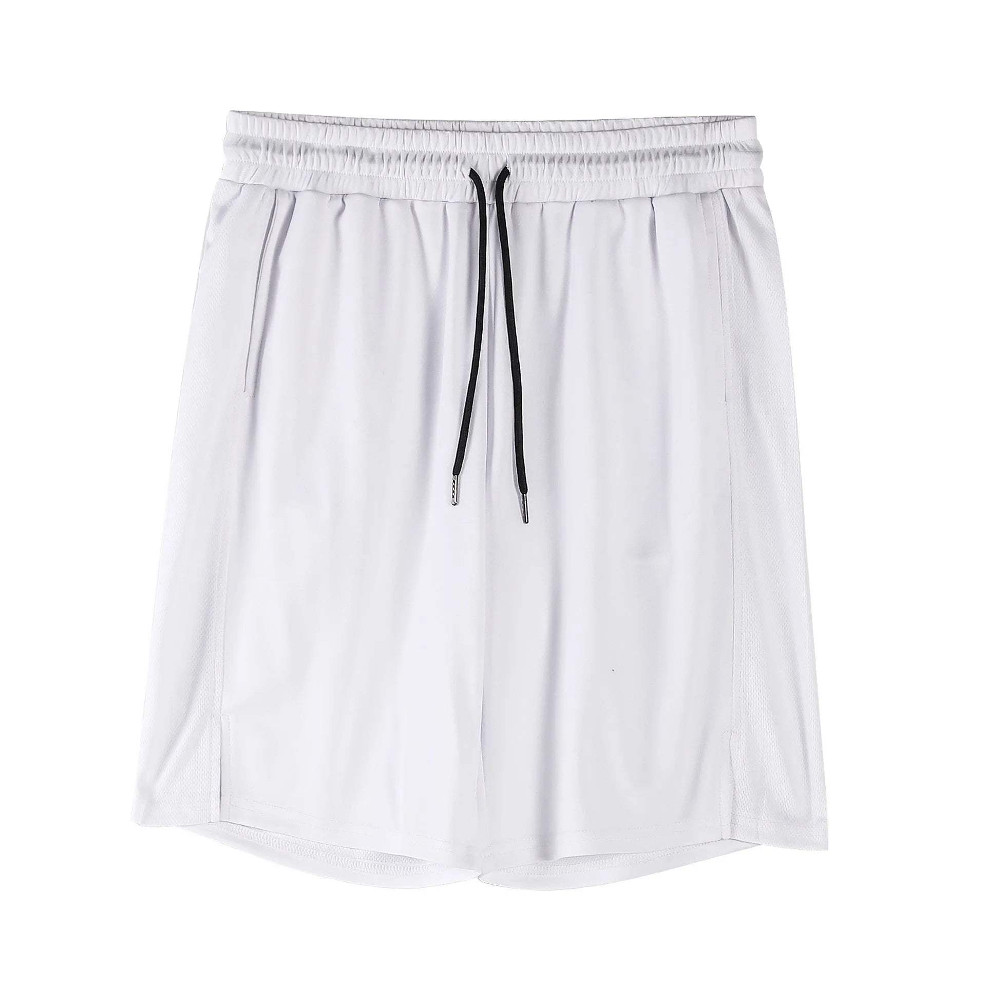 Men's black quick-dry mesh sports shorts with an elastic waistband on a white background.