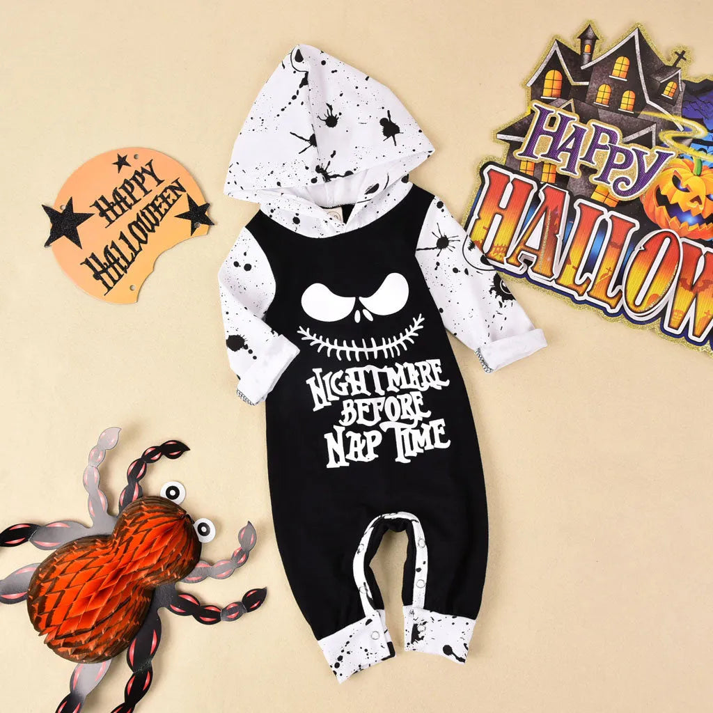 Black or brown cotton Halloween romper for children with long sleeves and a hood.