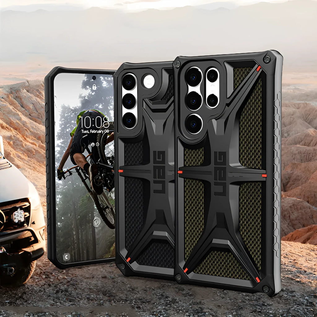Black slim anti-fall phone case for Samsung Galaxy S22, S22 Plus and S22 Ultra, made from TPU and PC
