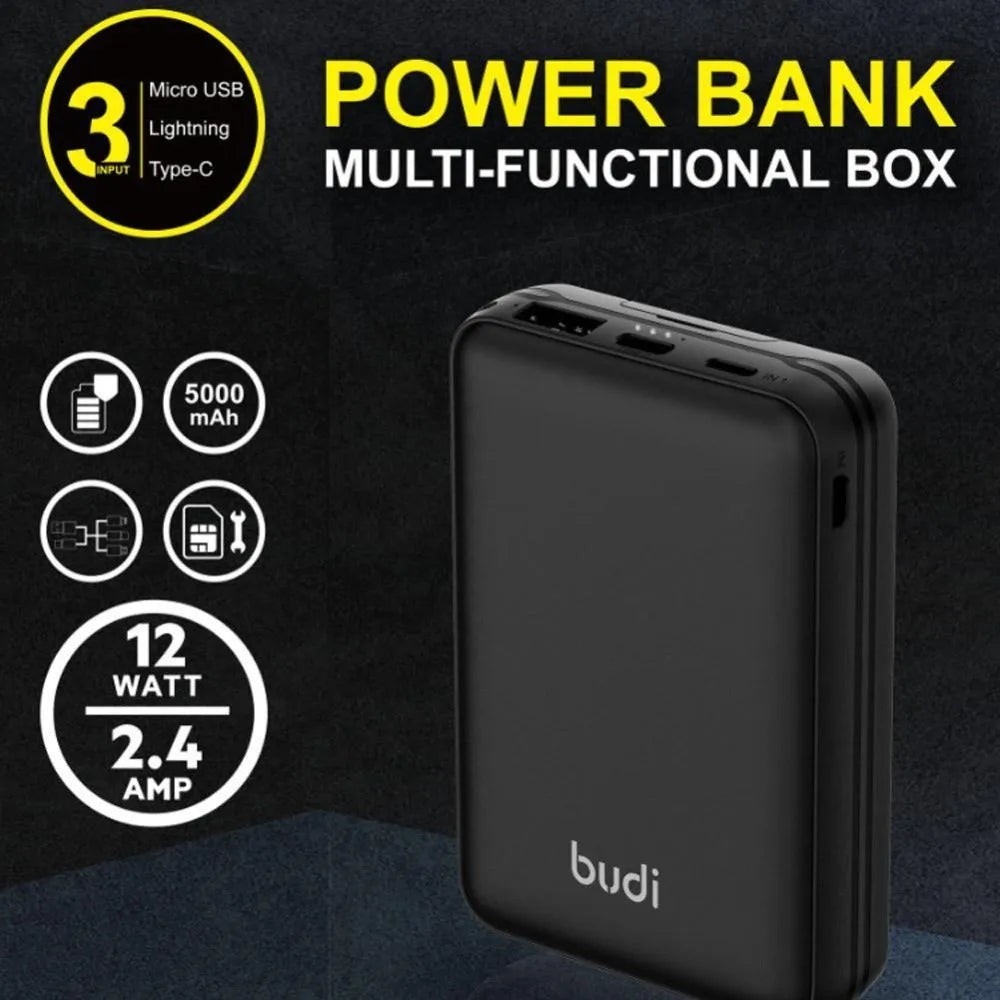 Black budi multi-functional power bank with cables and SIM kit on a table