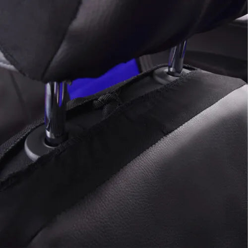 Set of black artificial leather car seat covers for front and rear seats with headrest covers and hooks.