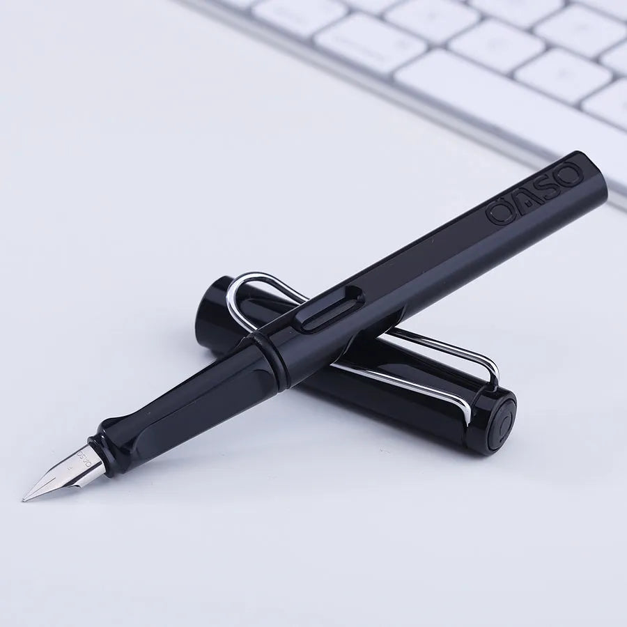 Plastic ink sac pen with 0.5mm tip, available in red, yellow, green, blue, and black colours with steel nib