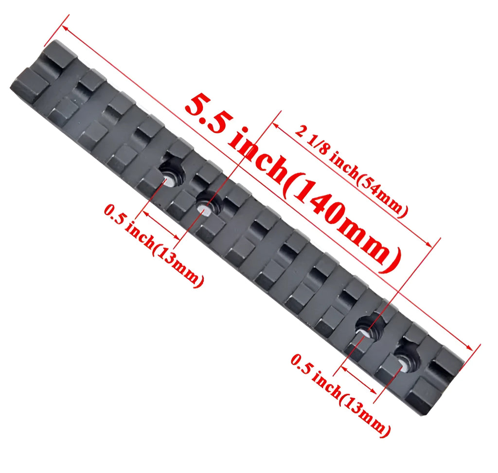 Black aluminium shotgun scope mount with 13-slot Weaver/Picatinny rail measuring 140mm length