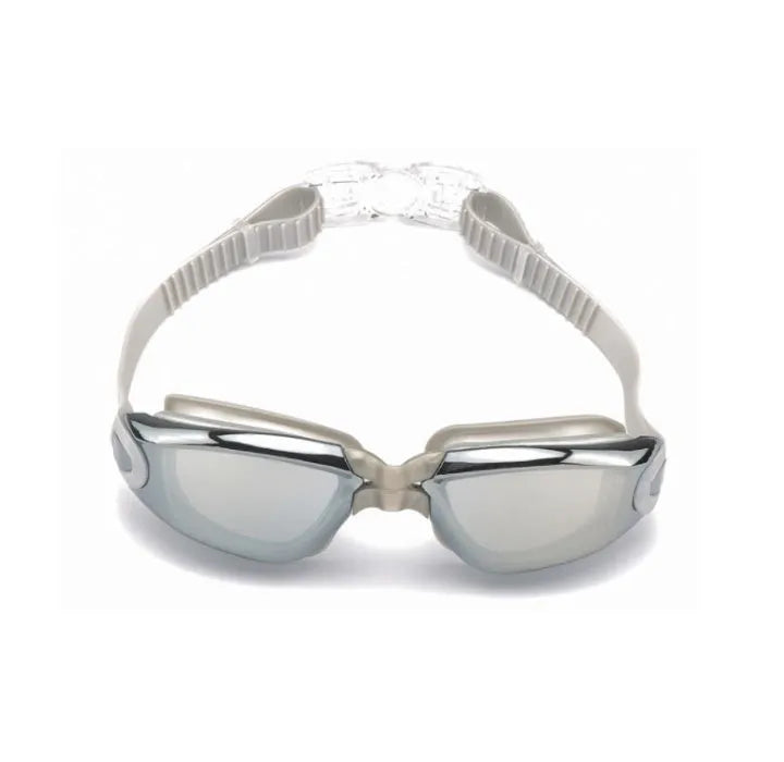 Classic style silicone swimming goggles with anti-fog PC lens on a blue background