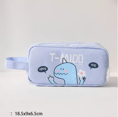 Cartoon dinosaur stationery bag in inverted trapezoid shape made from cotton cloth on blue background