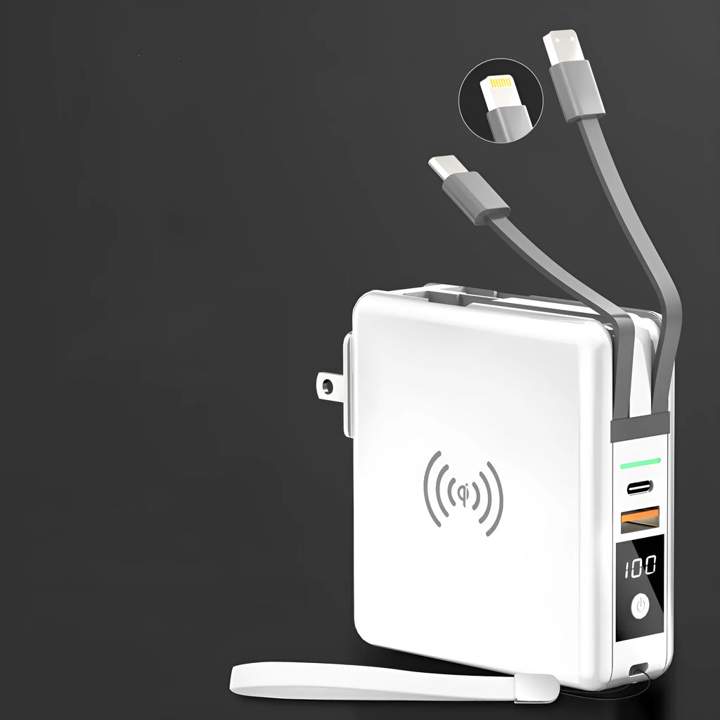 Super Qi wireless power bank in black with folding plug extended and four international adapter heads.