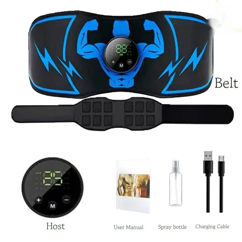 Blue EMS abdominal muscle stimulator belt with wireless remote control and adhesive arm stickers