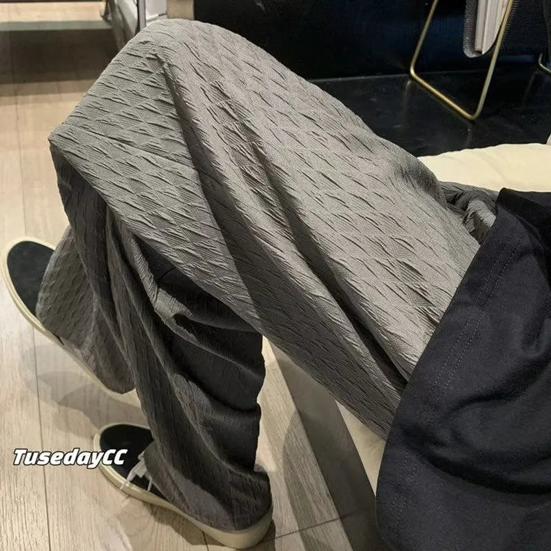 Men's jacquard rhombus draped pants in black, straight leg, long trousers with non-ironing finish
