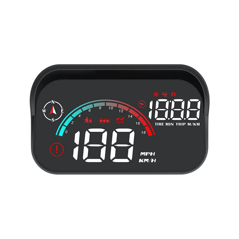 Black universal head-up display (HUD) car projector unit for windscreen speed and compass projection.