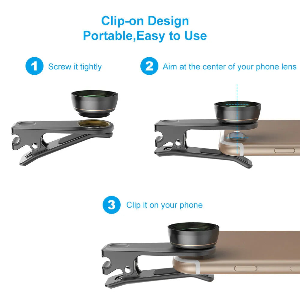 Black 6-in-1 smartphone camera lens kit with fisheye, wide-angle, telephoto lenses and filters in a case.