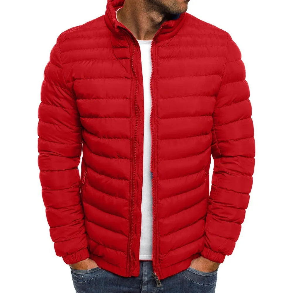 Men's thickened padded jacket with full-length zip, zipped pockets, and solid colour design in gray, black, or navy blue.