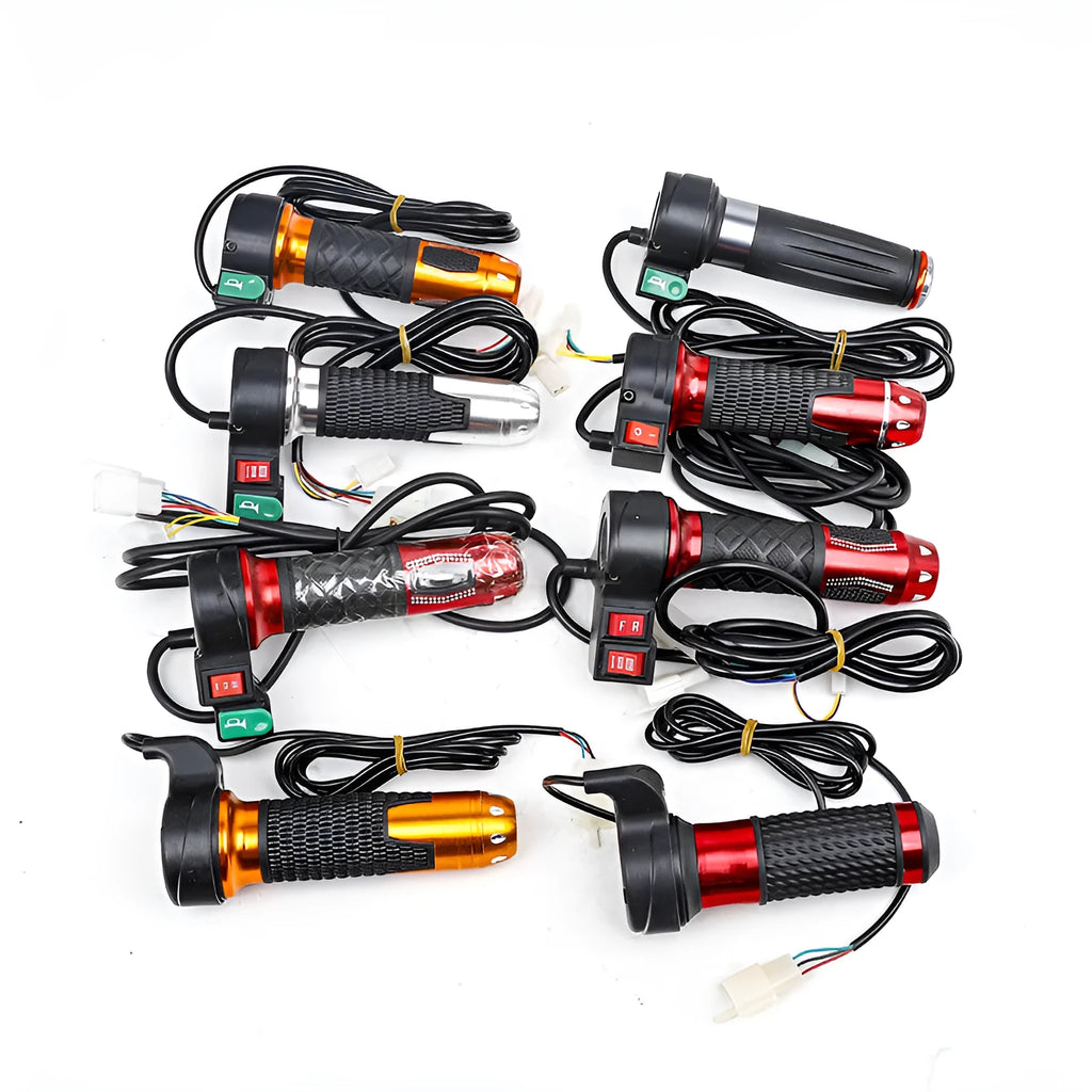 Three-wheel electric car accelerator modification kit showing a three-speed rotating handle in gold with a 3-wire plug.
