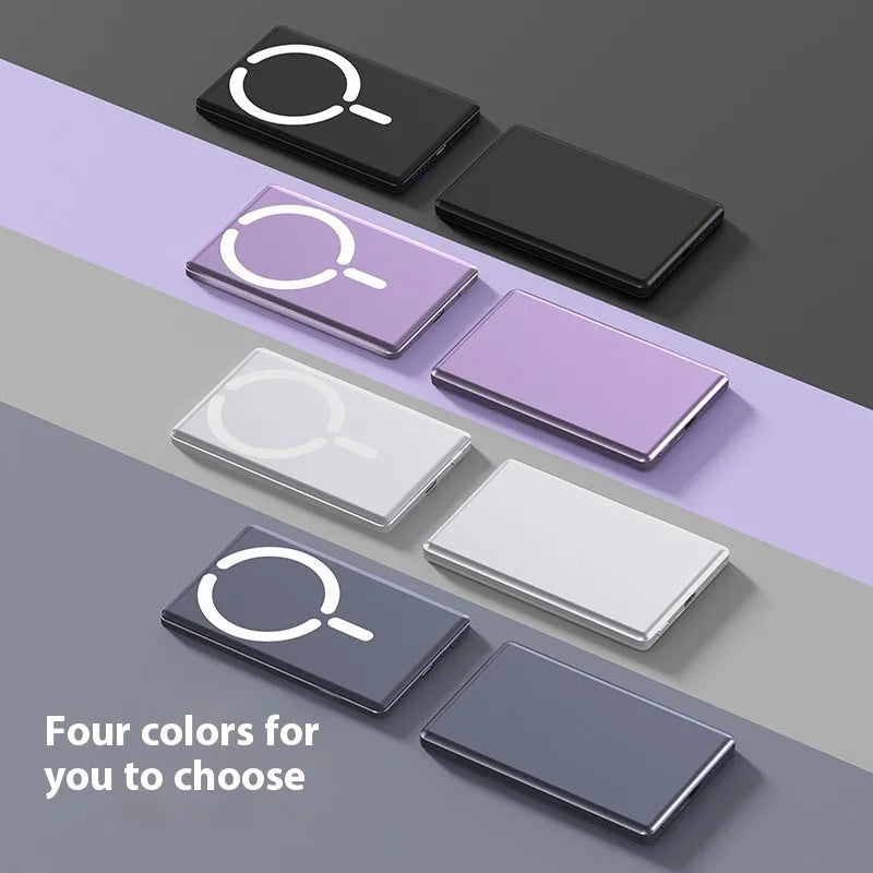 Ultra-thin magnetic power bank with alloy shell in black, silver, dark gray or violet