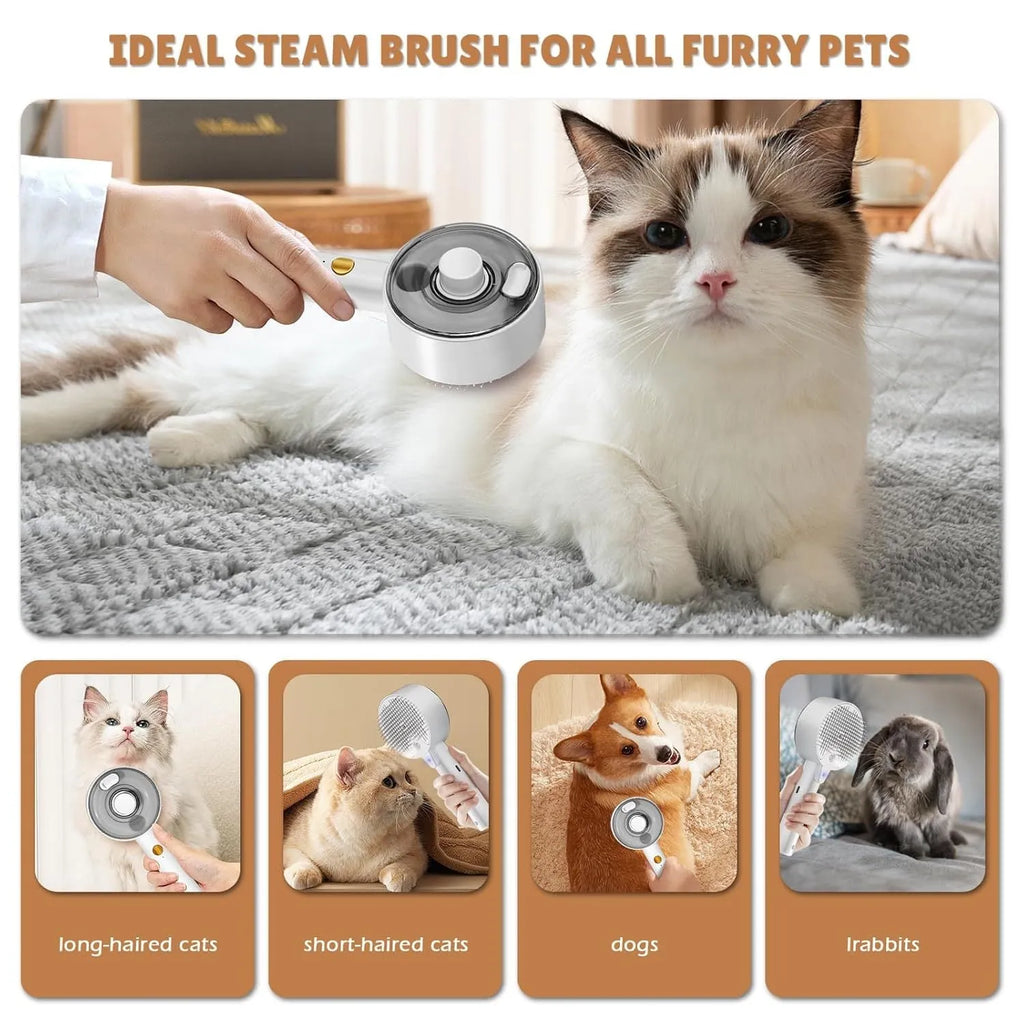 Pink and white cat grooming brush with water tank, stainless steel bristles, and mist spray function