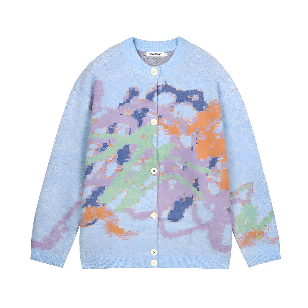 Men's graffiti cardigan sweater in sky blue or beige, round neck, long sleeves, loose fit, sizes M to 3XL