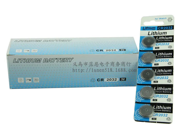 Pack of five CR2032 3V lithium button batteries for electronics.