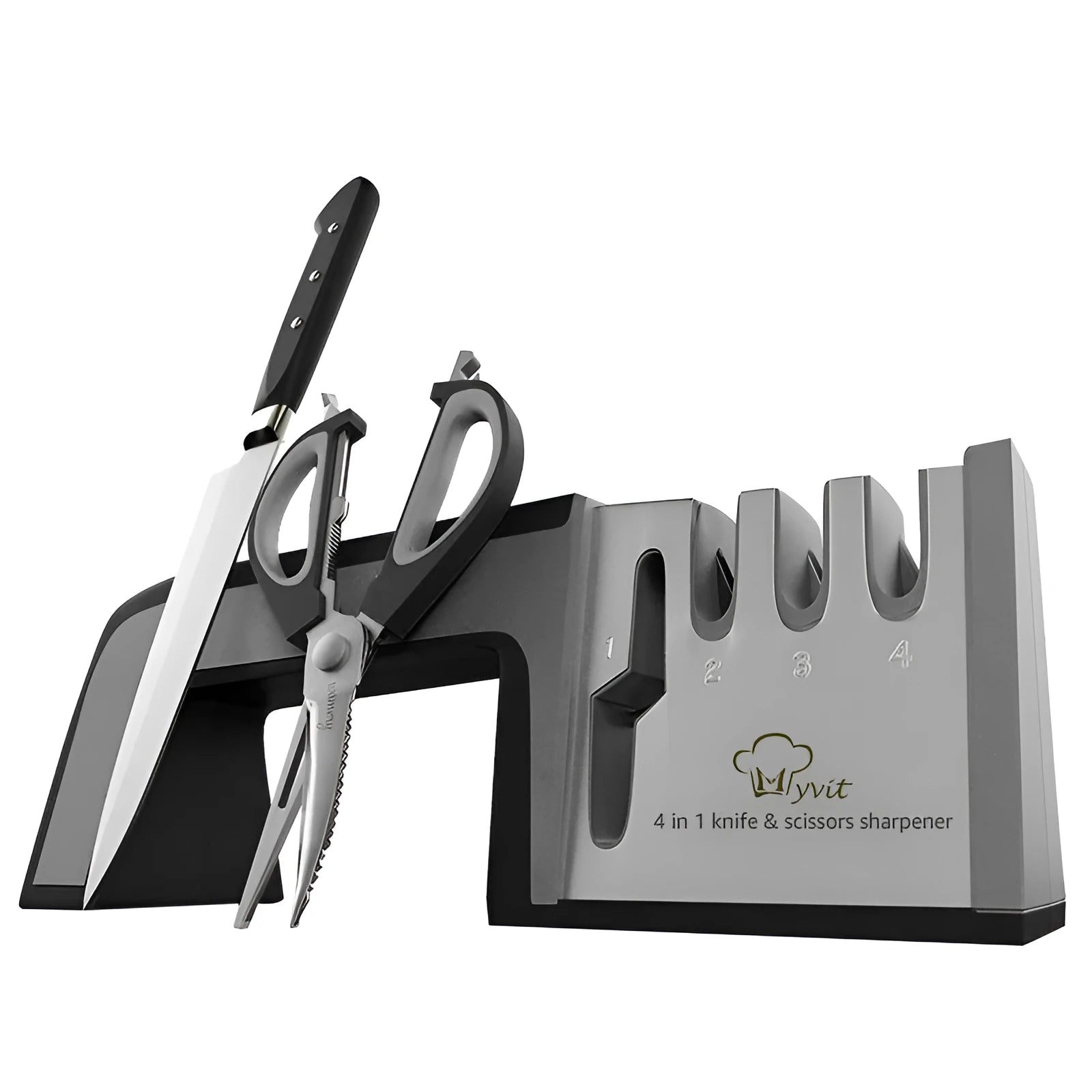 4-in-1 manual kitchen knife sharpener with black and cyan TPR handle, showing sharpening slots.